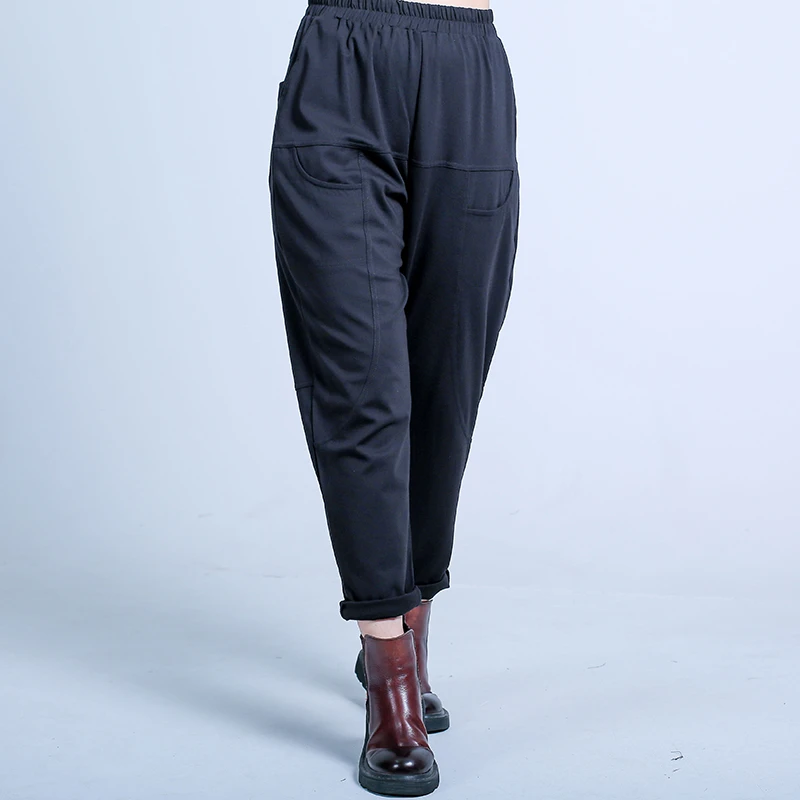 松紧腰纯色多口袋拼接小脚哈伦裤宽松大码显瘦舒适百搭休闲裤子女