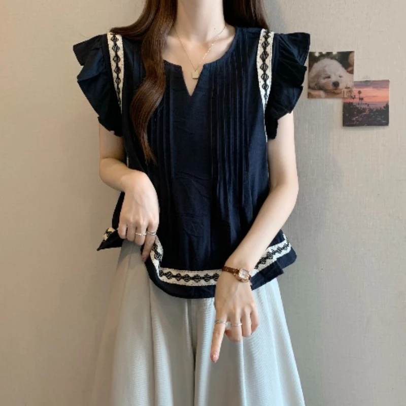 荷叶边小飞袖藏蓝色V领衬衫女2025夏季大码胖mm娃娃衫民族风上衣