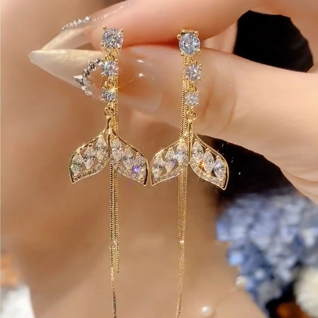 铜合金耳饰 微镶鱼尾流苏耳钉2025年新款两戴锆石百搭流行耳坠女