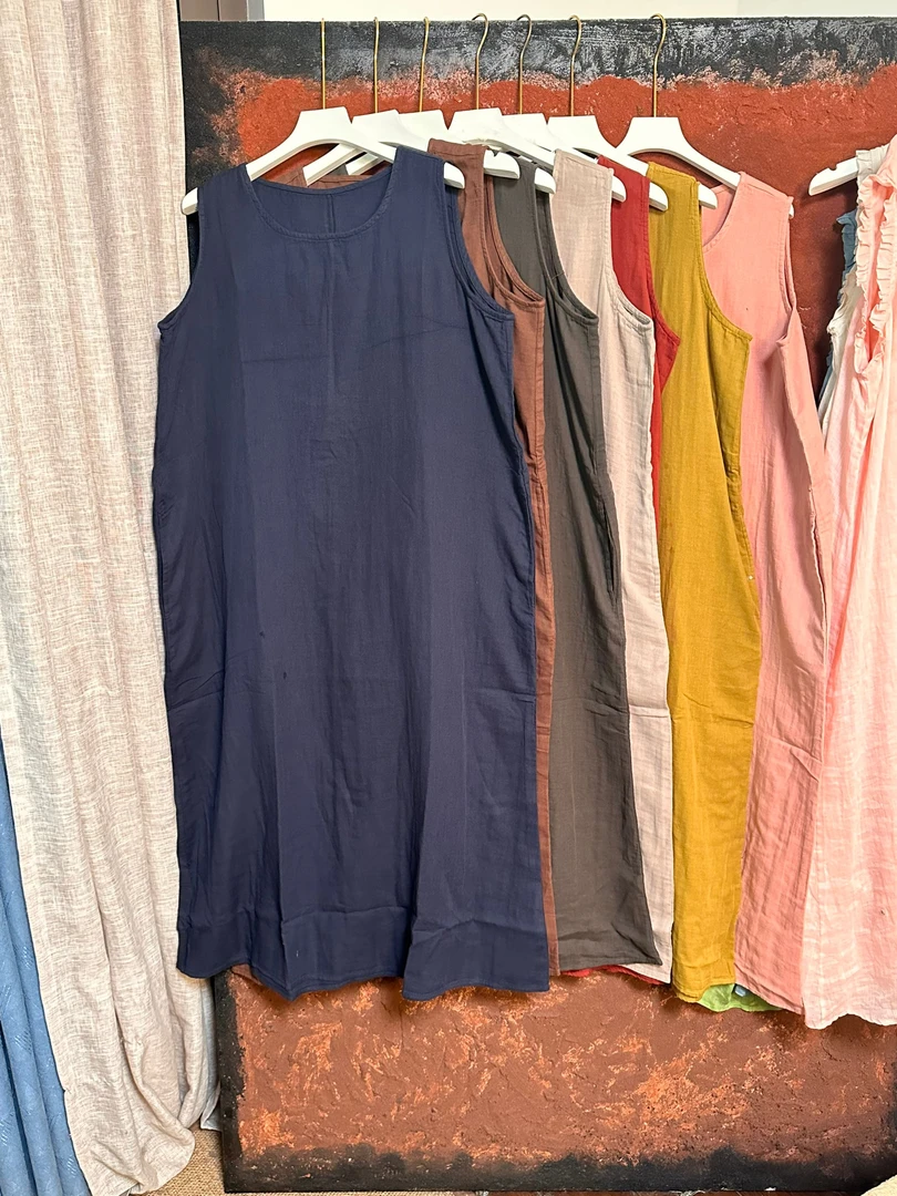 短袖文艺风文艺简约无袖连衣裙背心裙圆领欧若精灵风夏季