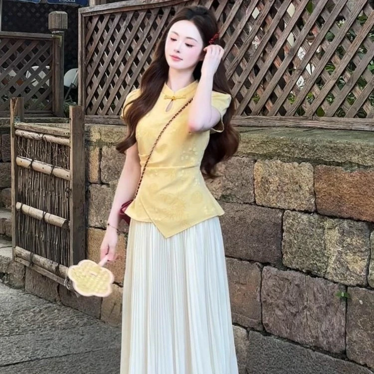 新中式印花短袖上衣配压褶长裙夏季时尚新款