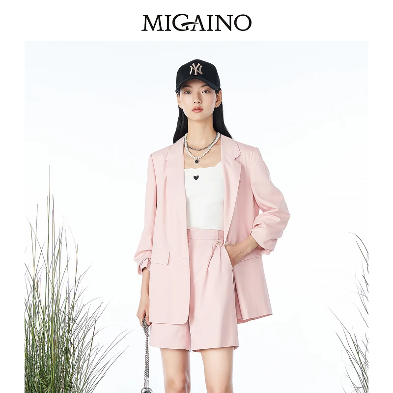 Migaino曼娅奴粉色西装外套女春装新款休闲小个子宽松西服