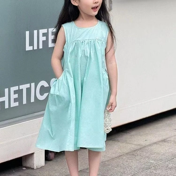 夏季中大童纯色儿童韩版连衣裙宝宝女孩宽松A字裙女童连衣裙甜美