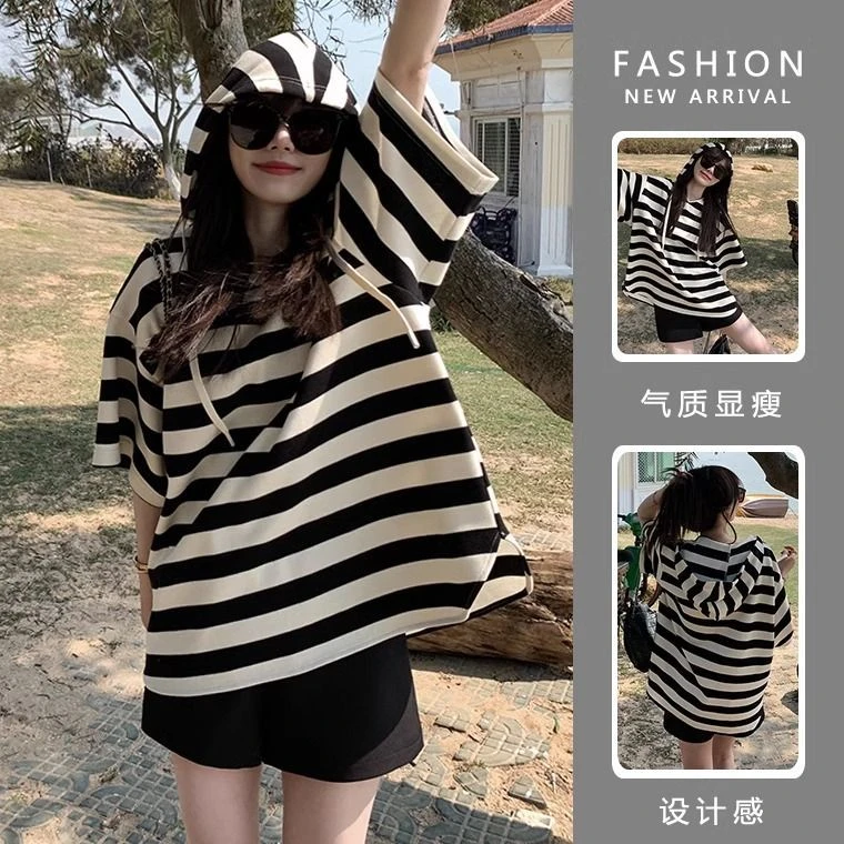 特大码300斤韩版宽松显瘦条纹连帽短袖T恤男女装夏季新款百搭上衣