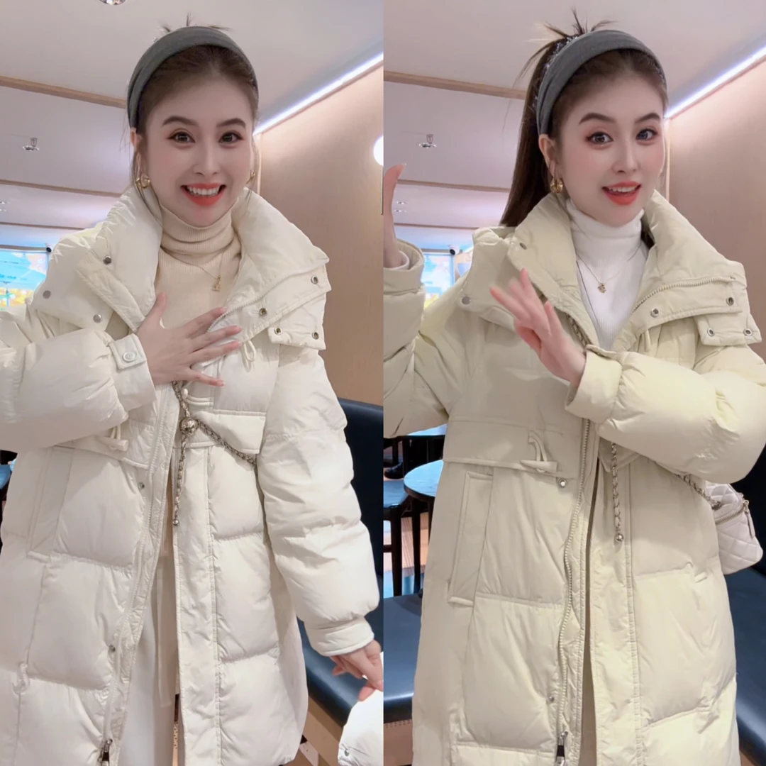 羽绒服女中长款2025年冬季新款韩版牛角扣外套潮