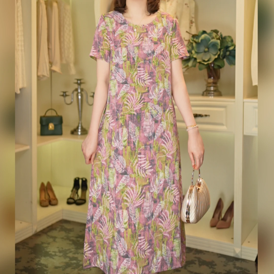 夏季新品圆领粉白黛绿亲肤透气短袖休闲连衣裙782#