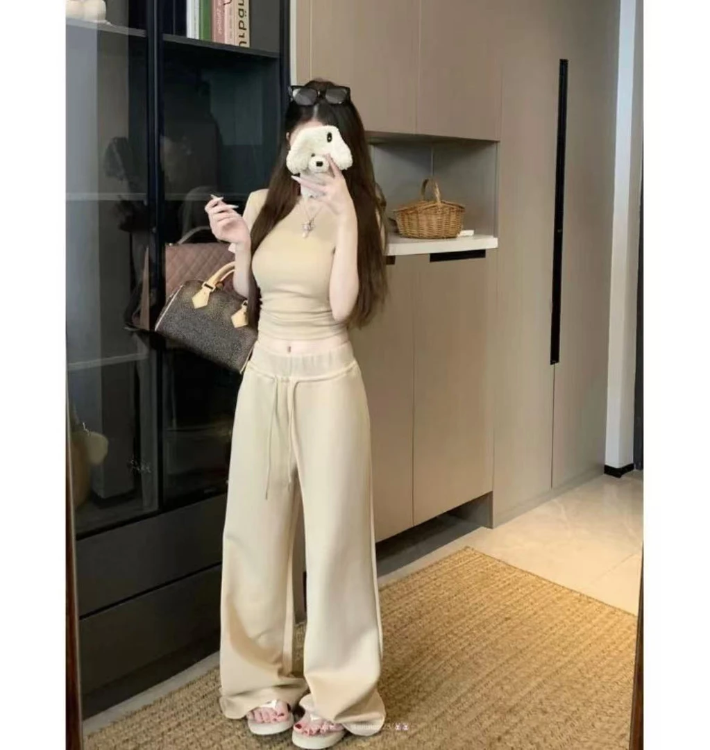 185夏季新款时尚辣妹修身显瘦短款圆领短袖上衣+高腰休闲阔腿裤