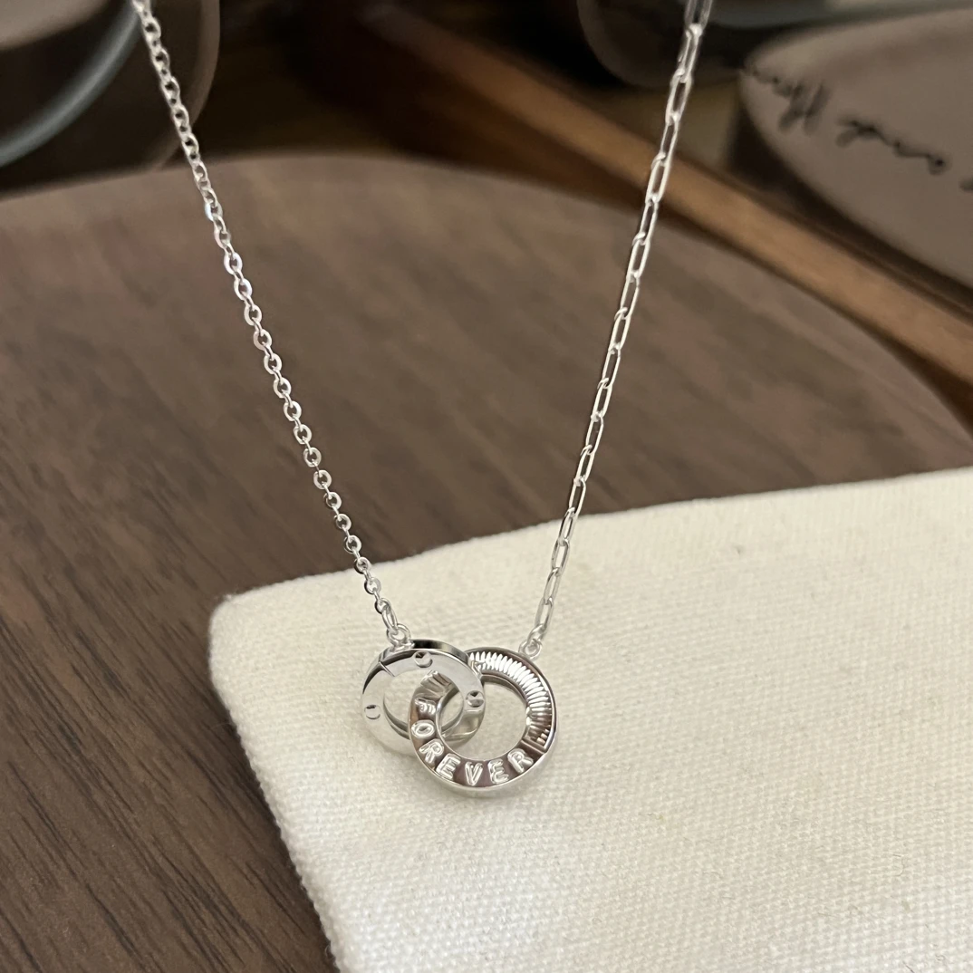 坠链均925银 环环相扣套链s925纯银双环项链设计简约百搭气质