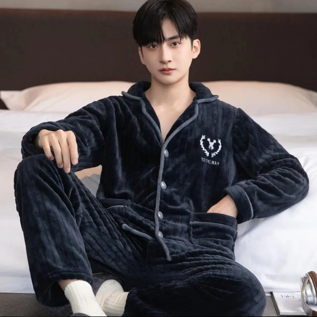 新款大码A131男款加绒加厚珊瑚绒家居服套装（以主播手里食物为主）