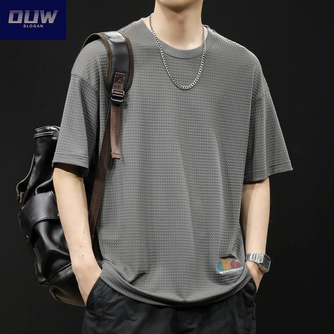 O.U.W透气冰丝短袖t恤男士圆领夏季2025新款宽松速干衣服男装体恤