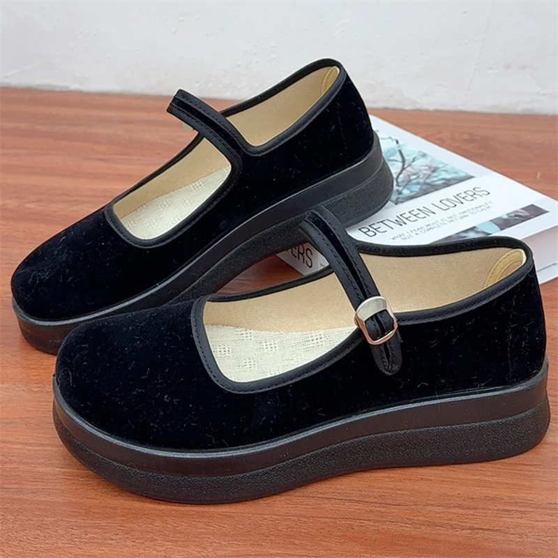 老北京松糕软底妈妈鞋女布鞋四季厚底舒适酒店上班黑色工作鞋