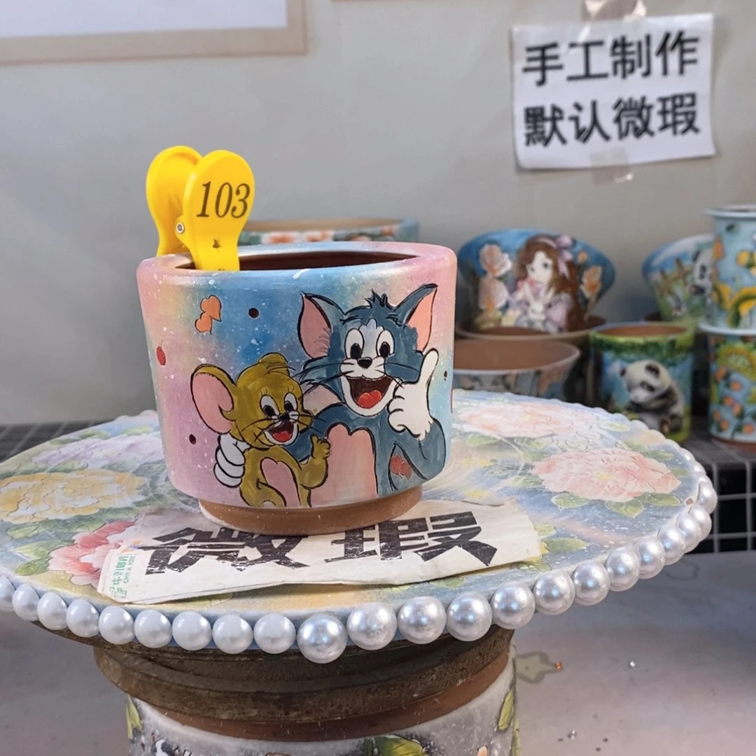 紫砂花盆红陶手绘花盆