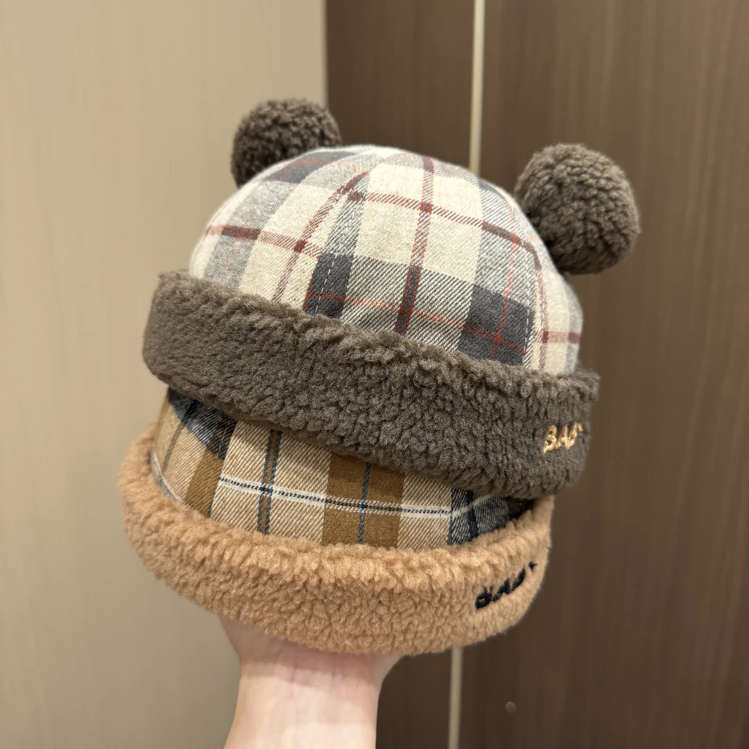 【小奶酷】儿童秋冬可爱格纹地主帽宝宝套头帽防风保暖加厚鸭舌帽韩