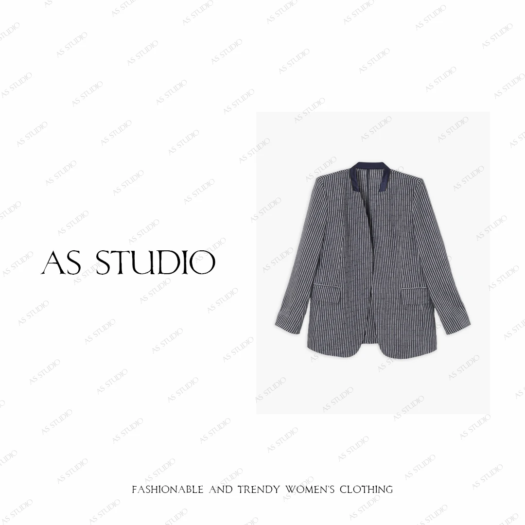 【AS小海归】25新原创撞色条纹亚麻醋酸正肩西装AS25QXZ03084