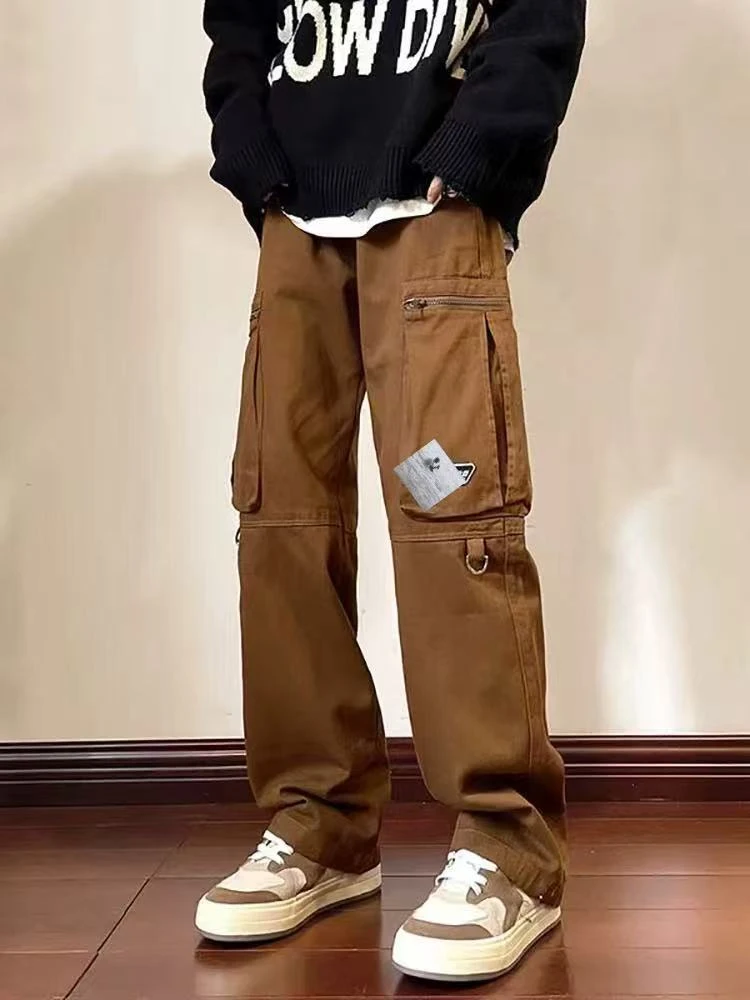 A2-4土黄色“拉链口袋”字母胶松紧腰工装裤