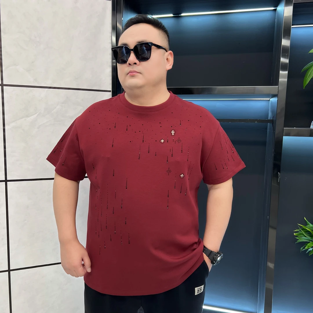 大码男装 冬季轻奢时尚半袖 加大男士重磅棉烫钻短袖72651