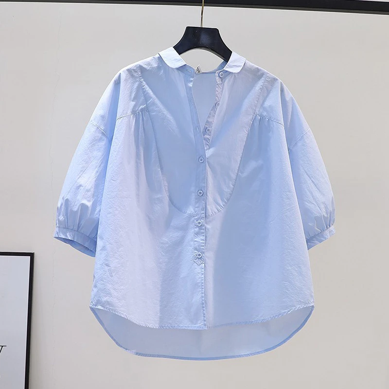 夏季小清新文艺范五分袖衬衫女2024设计感宽松纯色百搭气质上衣潮