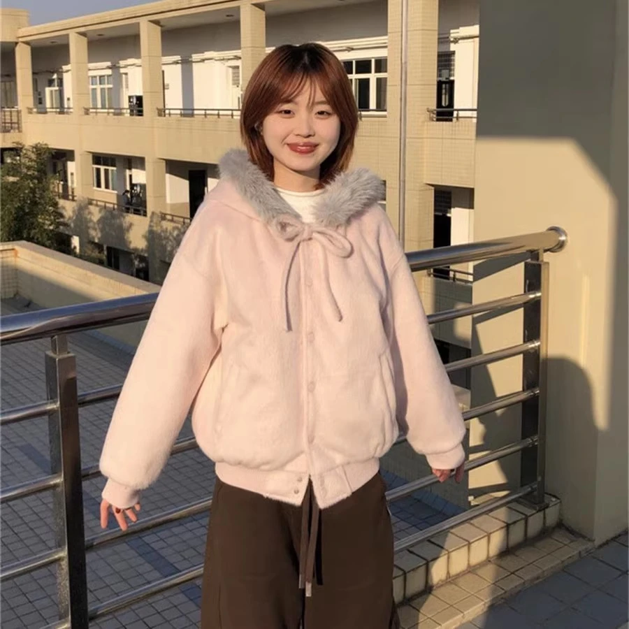 2025春秋新款温柔甜美粉色毛领连帽毛呢外套女韩系学院风卫衣夹克