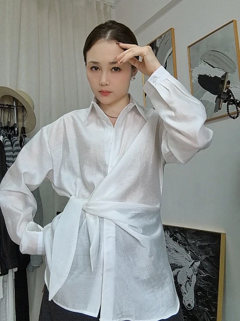 [2025早秋侧系带衬衫】女装宽松气质简约纯色高级爆款百搭衬衫