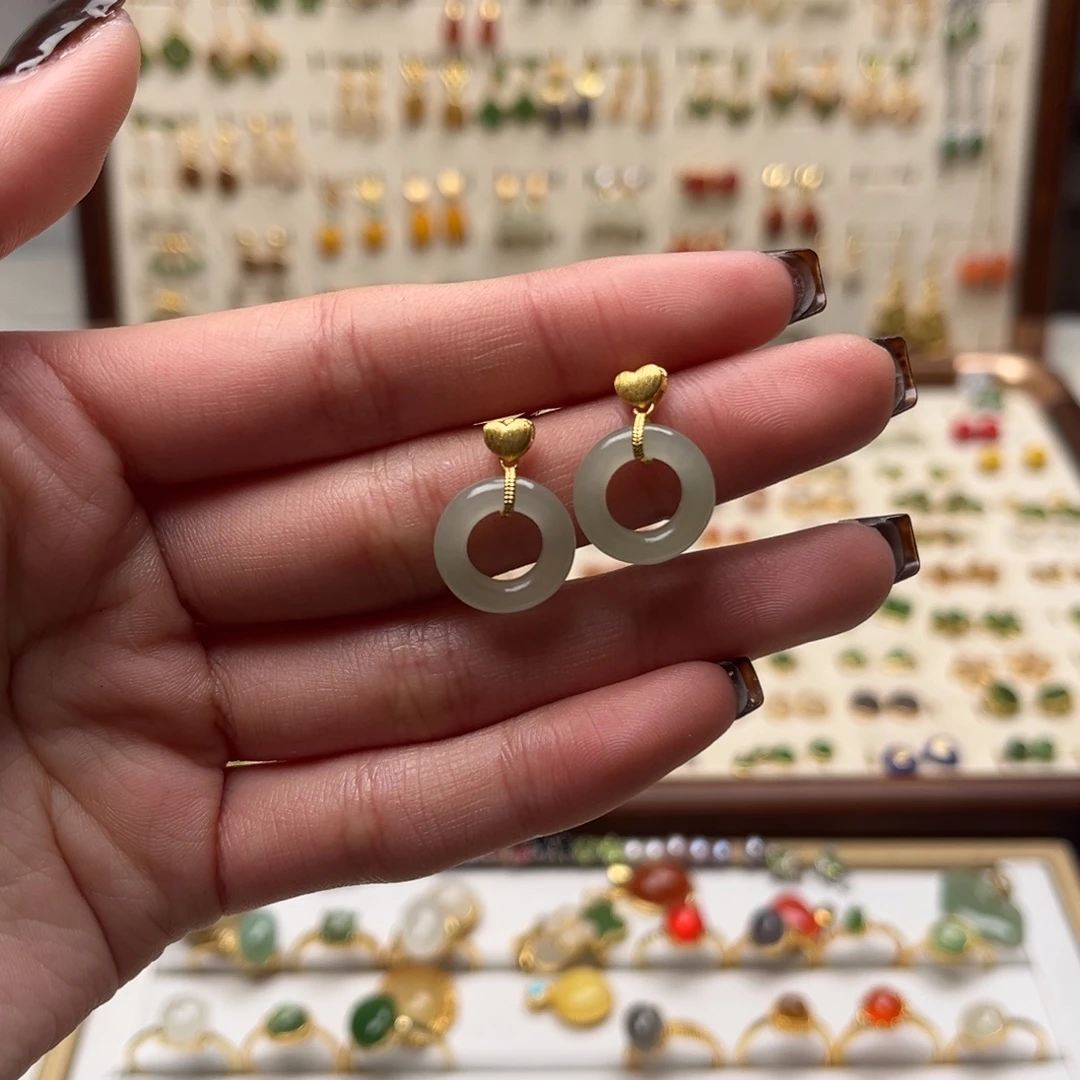 和田玉银S925镀金镶嵌耳坠