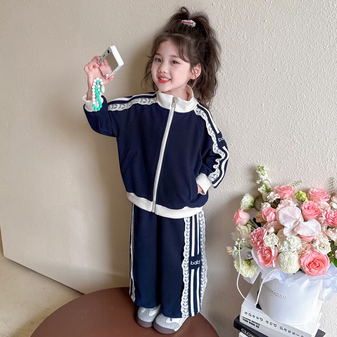 女宝宝蕾丝花边拉条套装小女孩洋气女宝宝外套阔腿裤两件套儿童潮