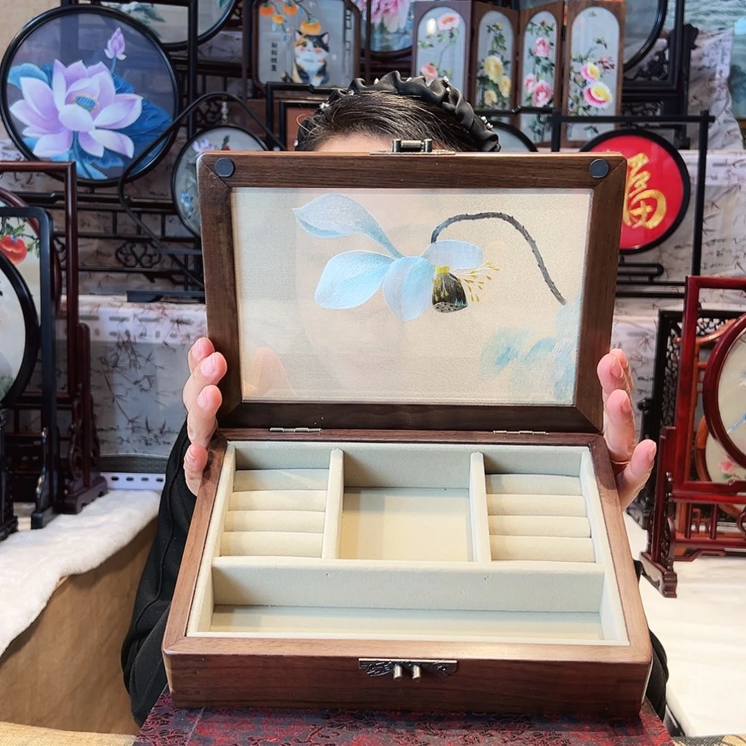 织绣苏绣首饰盒胡桃木手工双面
