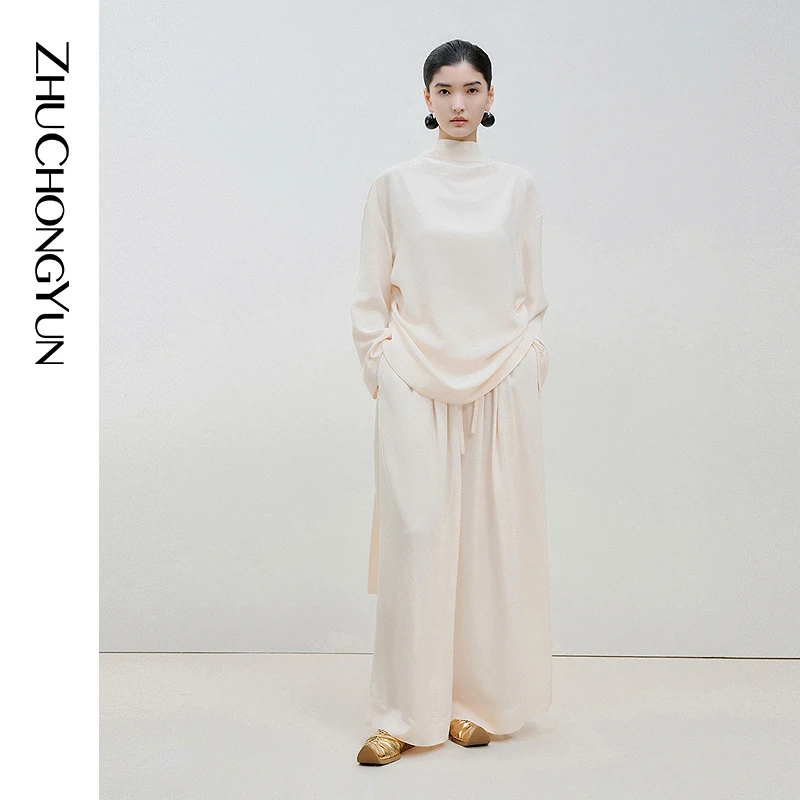 ZHUCHONGYUN2025春新款米白色时尚优雅系带设计感上衣C1FZ15221