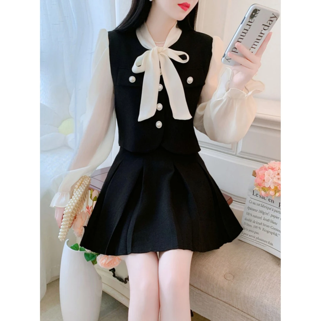 春秋季新款法式名媛感两件套装裙小香风蝴蝶结衬衣高腰短裙