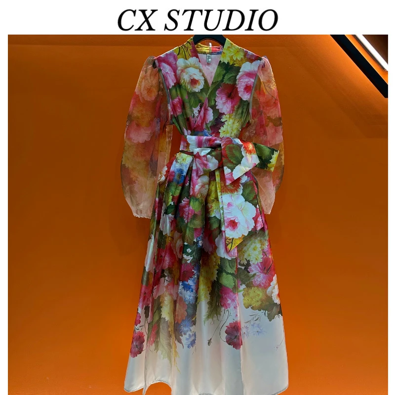 宫廷风V领收腰网纱灯笼袖印花显瘦大摆长款连衣裙 K6153