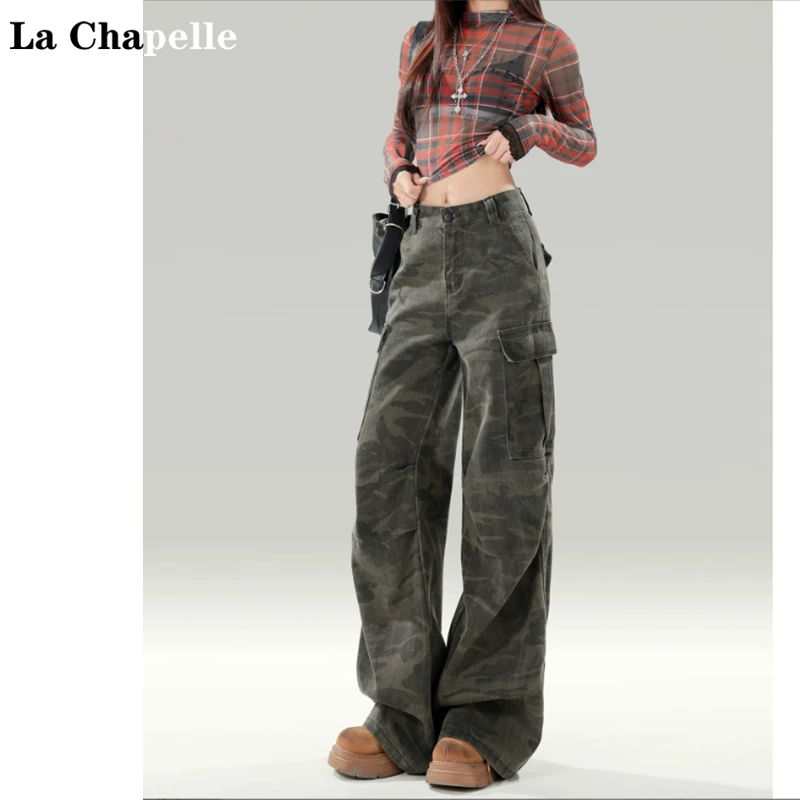 拉夏贝尔美式军绿迷彩阔腿牛仔裤女2025春夏新款辣妹风嘻哈工装裤