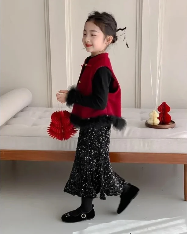 拜年服女童2025新款冬装新中式红色新年衣服公主裙套装儿童过年服