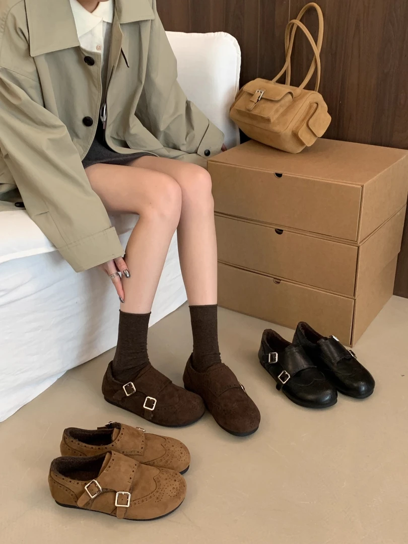 平底搭扣加绒勃肯鞋女2025冬季新款棕色毛毛鞋保暖棉鞋软底乐福鞋