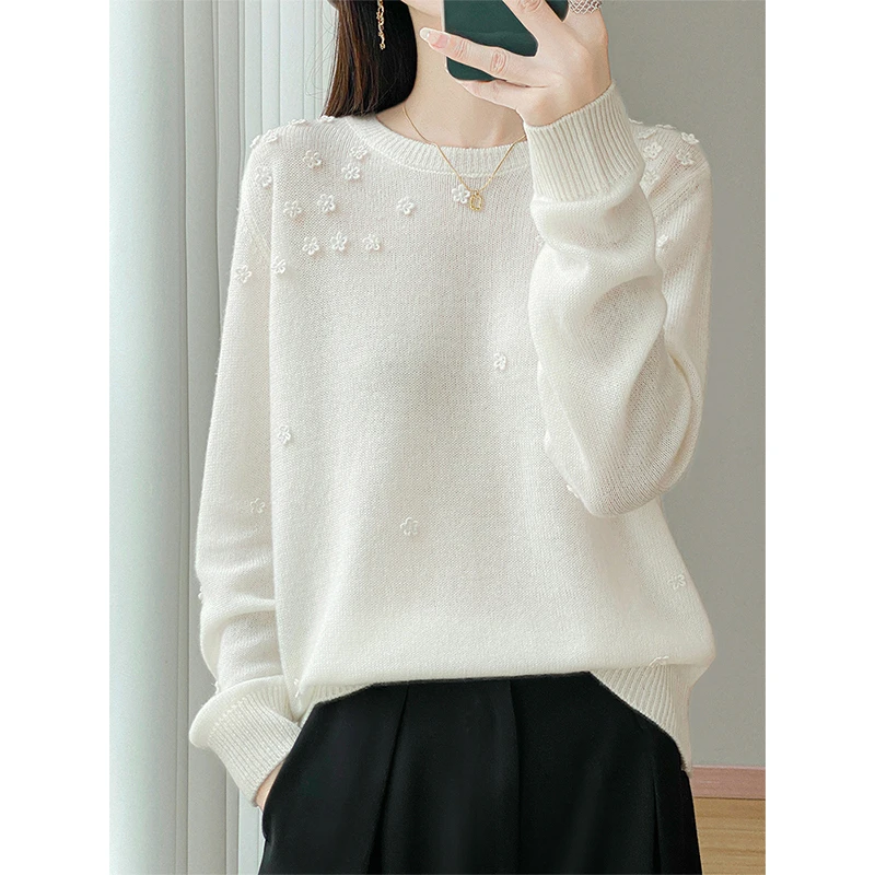 氛围感立体小花显瘦减龄羊毛衫100纯羊毛秋冬长袖圆领针织打底衫