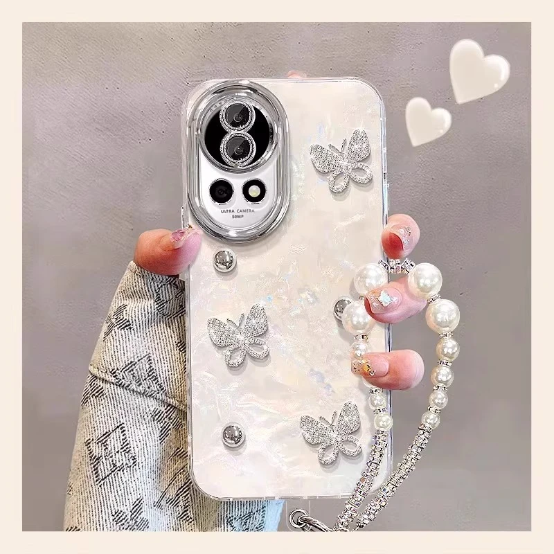 闪钻蝴蝶适用华为nova14pro手机壳13新款贝壳纹12闪粉镜头膜手链