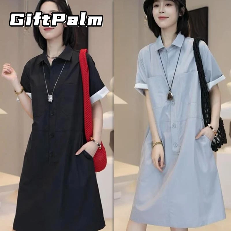 GiftPalm韩版时尚polo领短袖工装连衣裙夏慵懒风宽松减龄遮肉显瘦