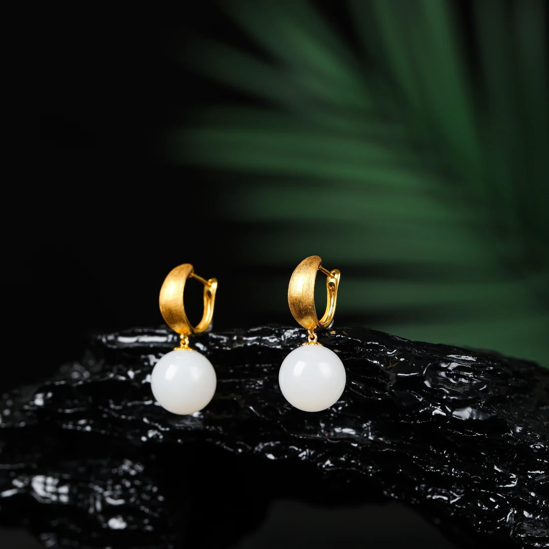 【顶白毕业级】18K金镶嵌高货白玉转运珠耳扣HNZ10907