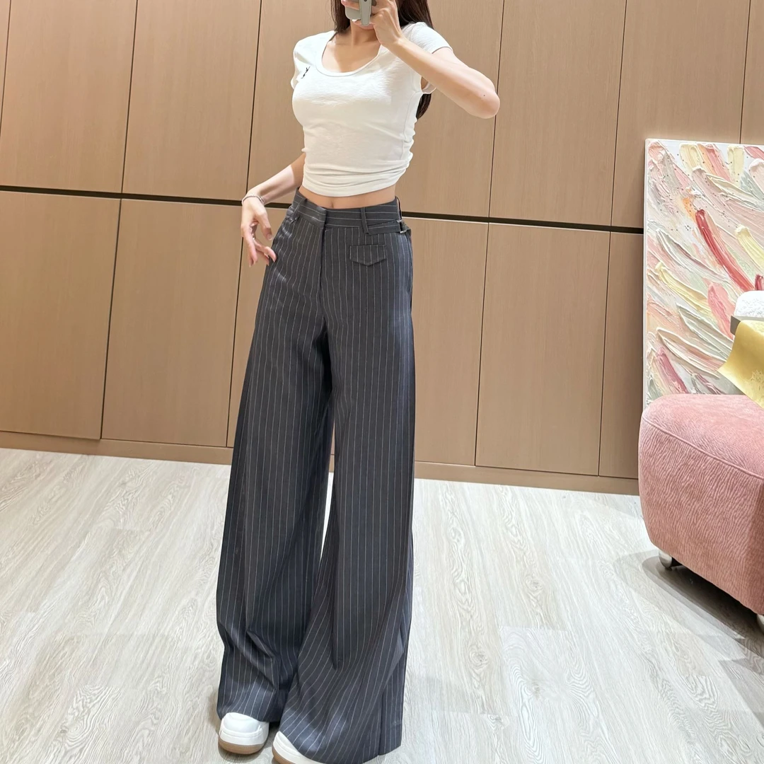 设计感高级感慵懒风时尚条纹裤夏季新款美式复古阔腿裤6019