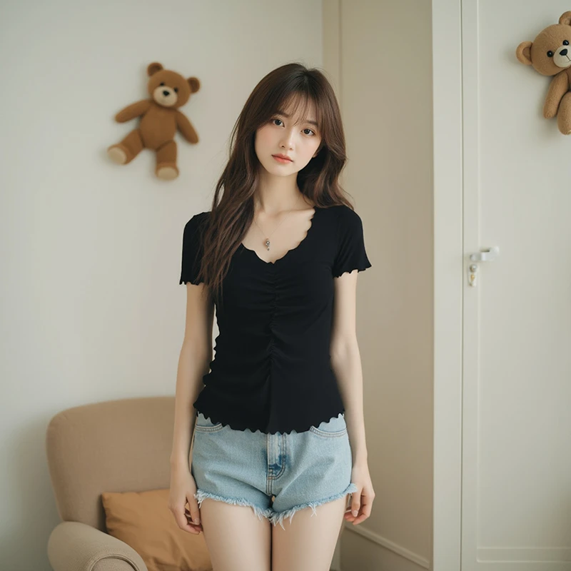 夏季新款女装设计感褶皱V领正肩T恤女短袖通勤大码微胖慵懒风上衣