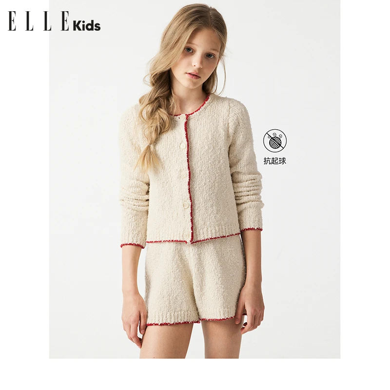 ELLE KIDS童装法式撞色针织套装女童春季新款休闲宽松开衫+短裤S2