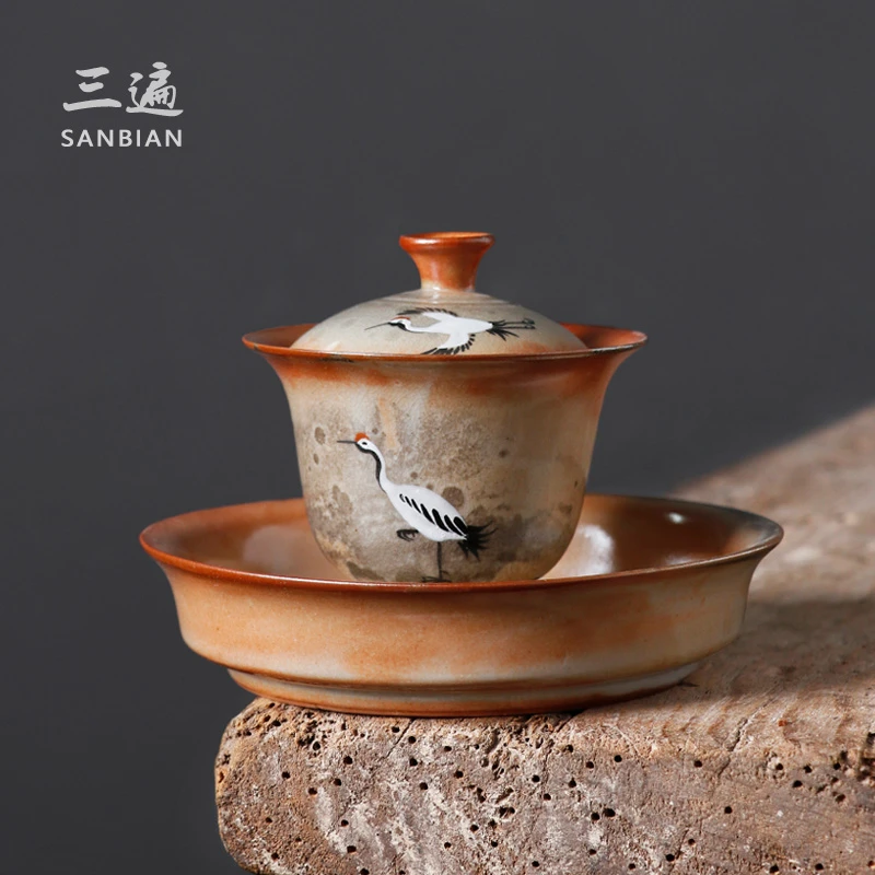 侘寂风柴烧盖碗茶杯纯手工功夫茶具泡茶器手绘釉上彩三才盖杯茶碗