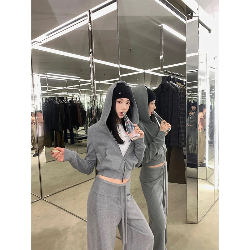 休闲时尚套装女后背绑绳收腰连帽卫衣外套抽绳直筒阔腿裤两件套秋