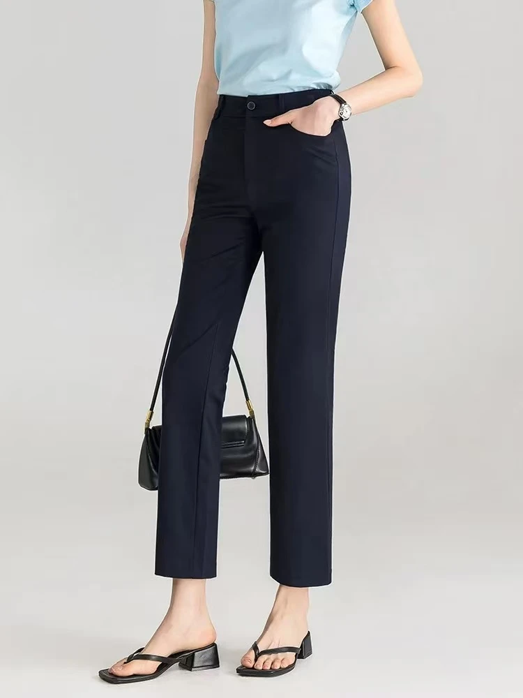 527 GZA3九分西装裤高腰弹力直筒裤夏季藏青色裤子