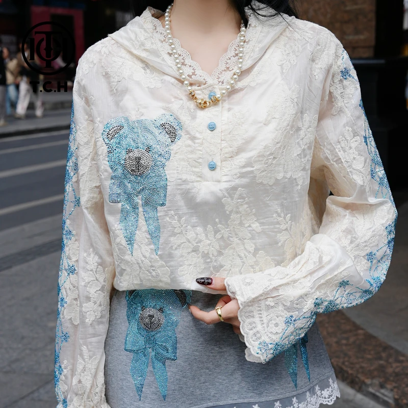 TCH现货私服烫钻工艺小熊时尚百搭打底衫女T75A02E5030轻奢tch