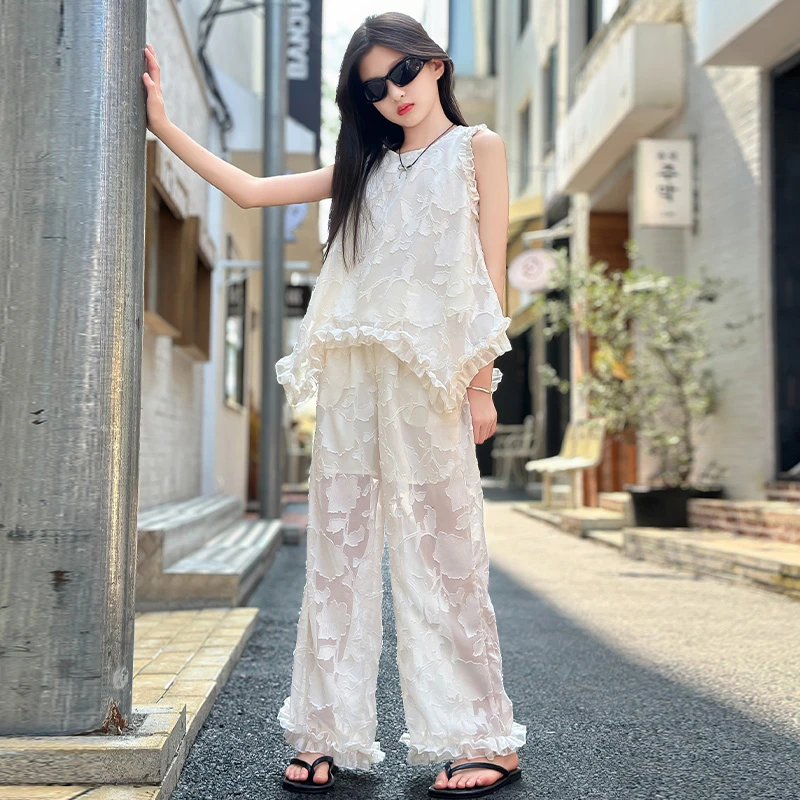 女童夏季套装新款延期中大儿童时髦甜美女大童不规则蕾丝无袖背心