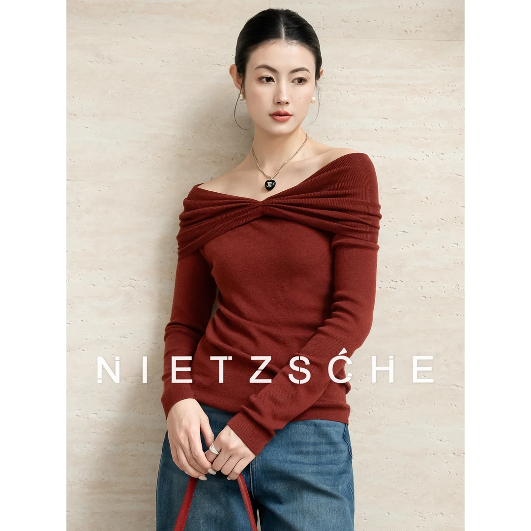 尼采 官方直营｜美人胚｜桑蚕丝x绵羊毛 女装一字肩优雅上衣25282