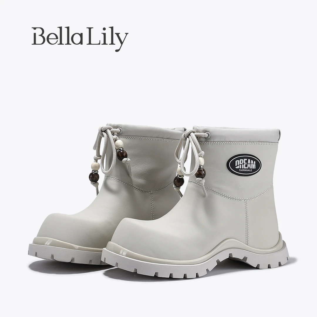 BellaLily冬季新款小众设计白靴子防滑厚底时装靴户外休闲靴