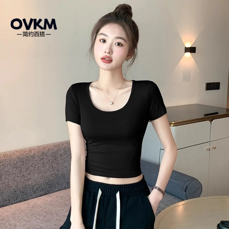 OVKM黑色莫代尔短款T恤女夏U领短袖高腰露脐紧身上衣薄款冰丝面膜
