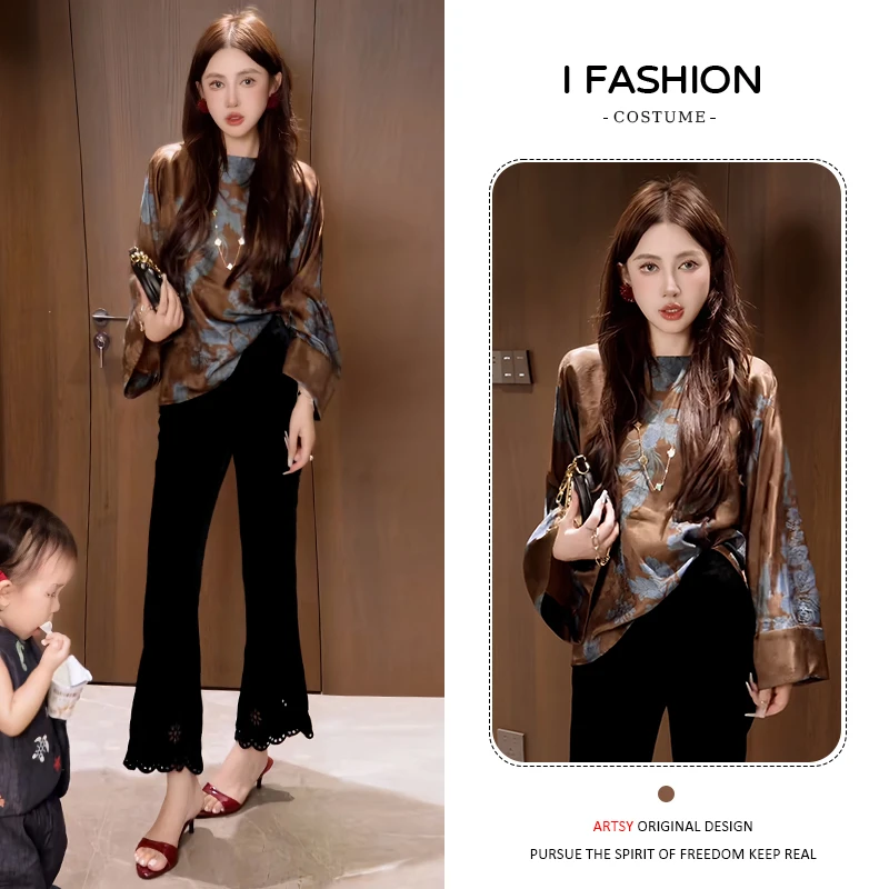 复古中式国风印花衬衫女2025年春秋新款高级感洋气百搭喇叭袖上衣