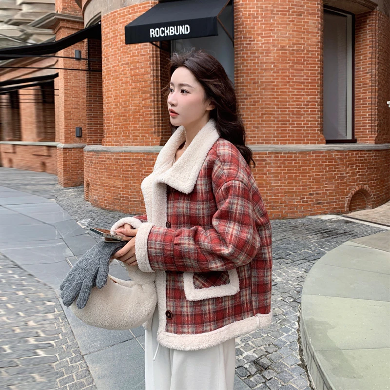 盐系复古红格子棉衣外套2025冬季新款韩系ins甜酷风加厚短款棉服