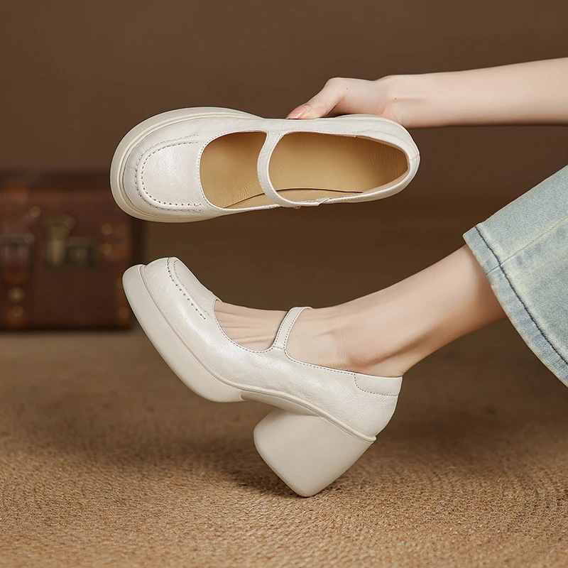 8cm高跟百搭增高白色玛丽珍鞋单鞋复古粗跟休闲法式乐福鞋小皮鞋